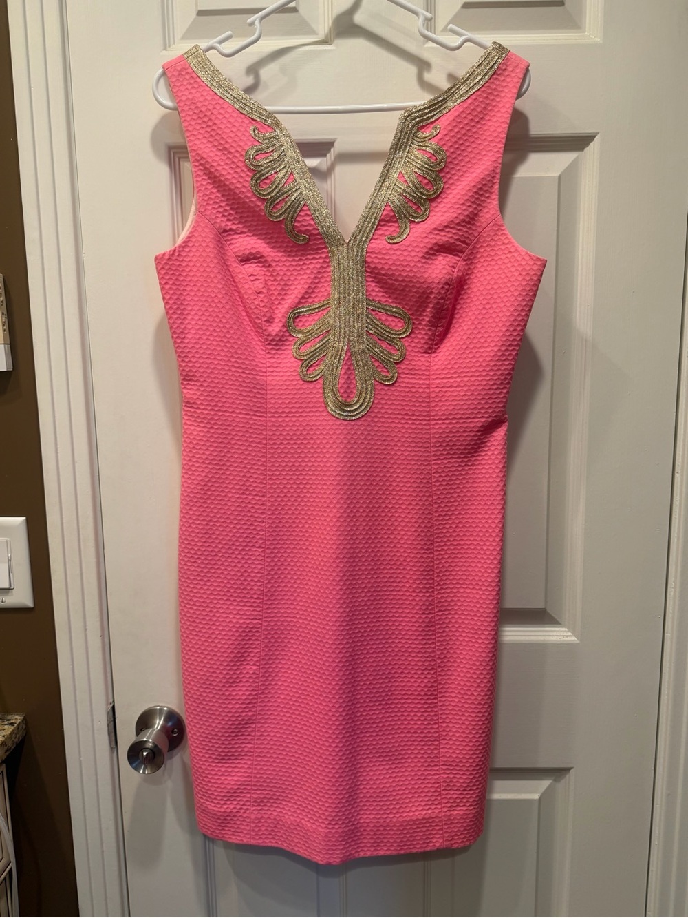 Lilly Pulitzer Pink Sheath Dress with Gold Embellished V-Neck Size 8